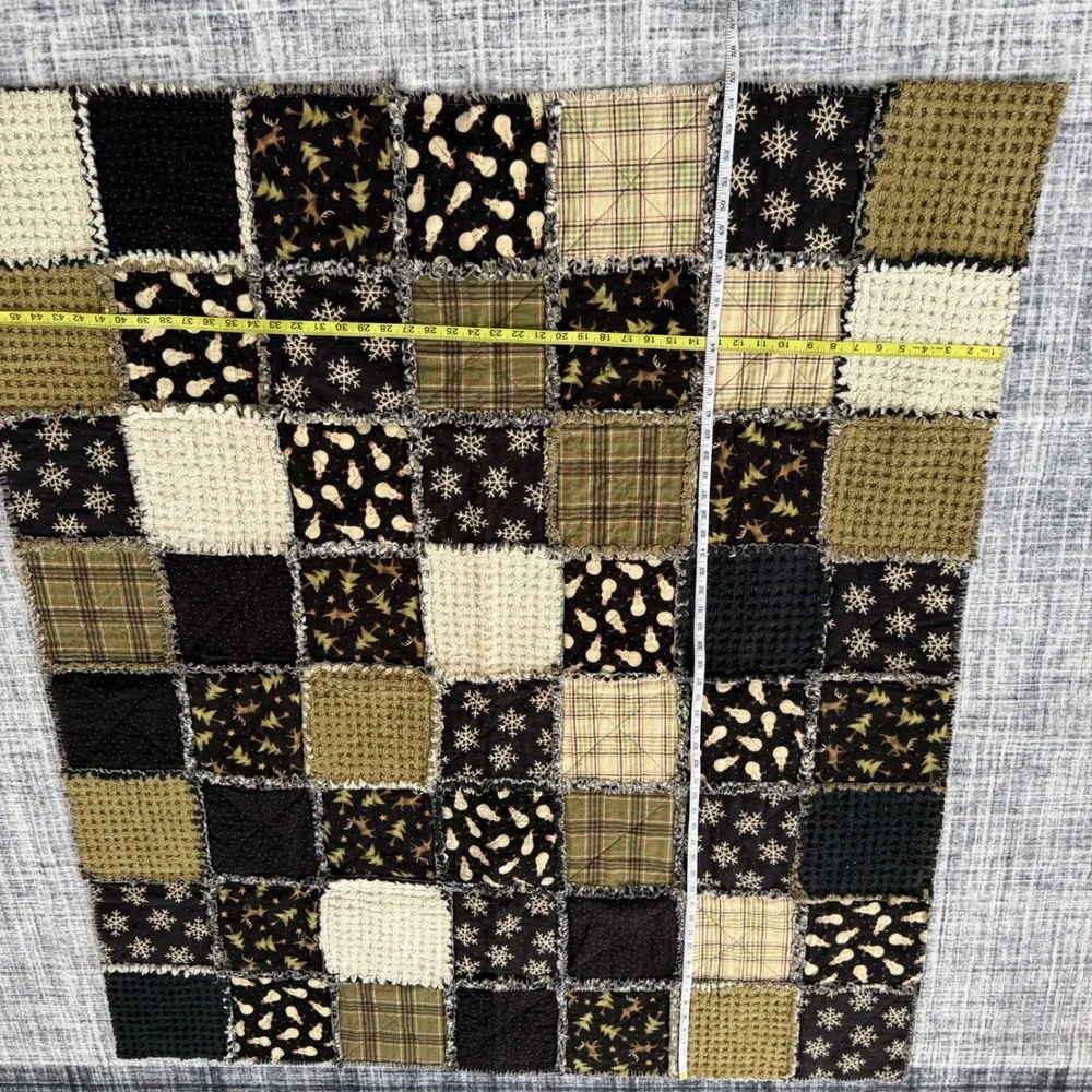 Handmade Winter Rag Quilt Patchwork Throw Blanket Snowman Reindeer Plaid 48x55